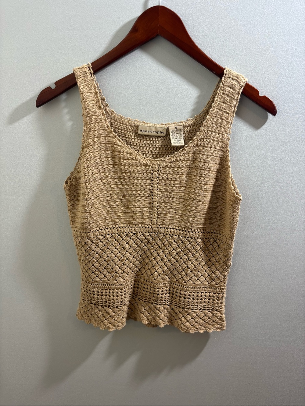 Y2K Apostrophe Tan Crochet Knit Camisole Tank S